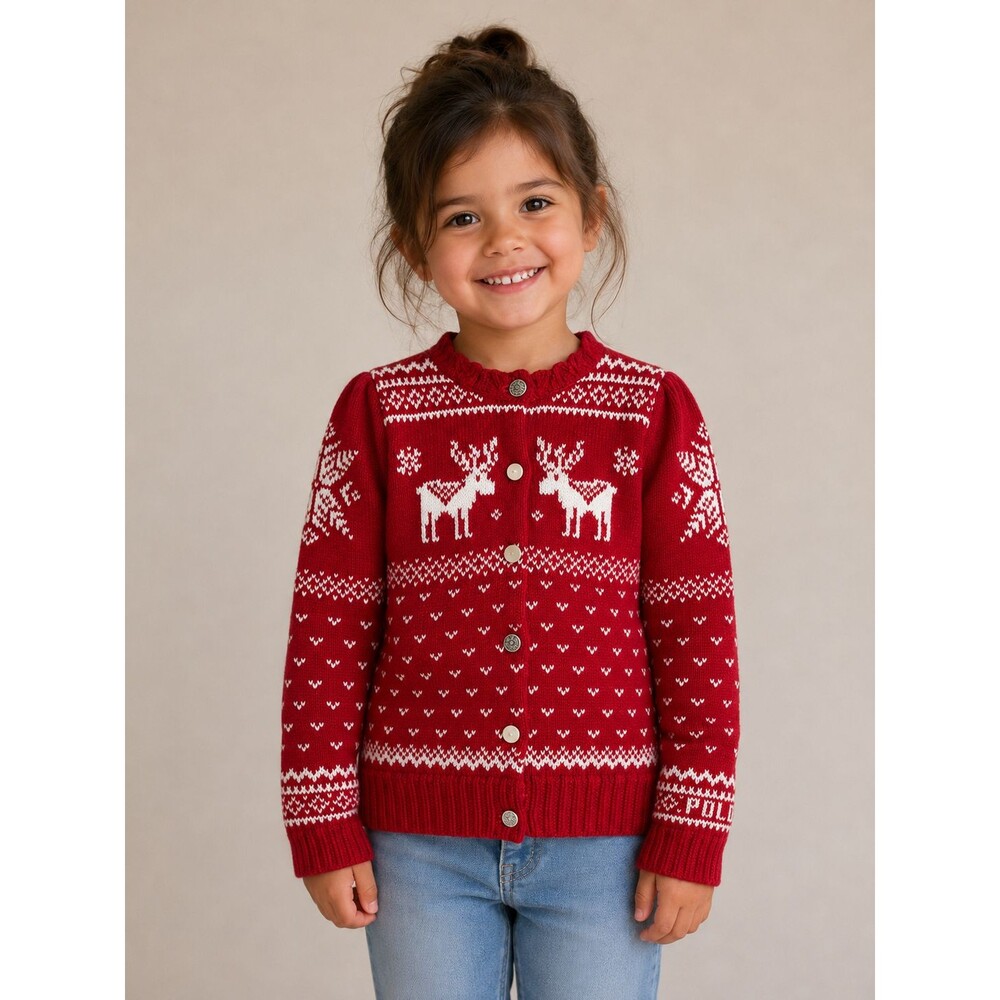 Polo Ralph Lauren Fair Isle Reindeer Cardigan Girls Size 3 Red Cotton Wool Blend
